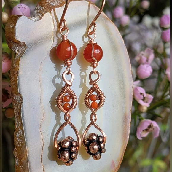 Copper Dangle Earrings Orange-Red Carnelian Agate Artisan Crafted - Picture 3 of 16